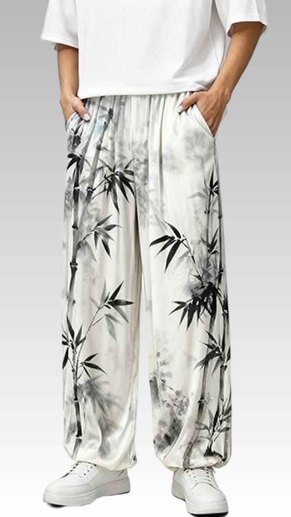 Men’s Chinese Ink Bamboo Print Loose Jogger Pants