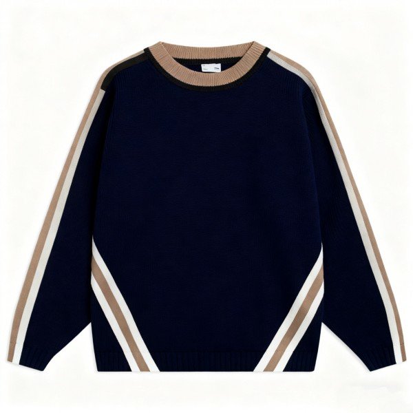 Navy Crew Neck Sweater with Contrast Stripes