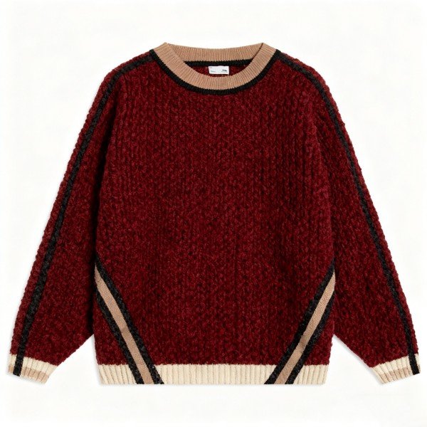 Burgundy Textured Knit Sweater with Contrast Stripes