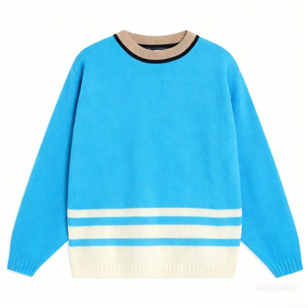 Light Blue Crew Neck Sweater with Horizontal Stripes