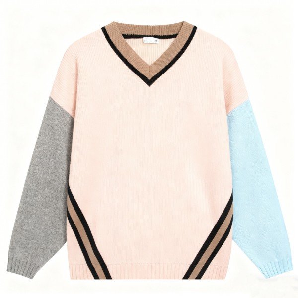 Pink V-Neck Color Block Sweater with Contrast Trim