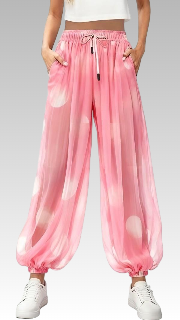 Pink Sheer Polka Dot Wide-Leg Pants