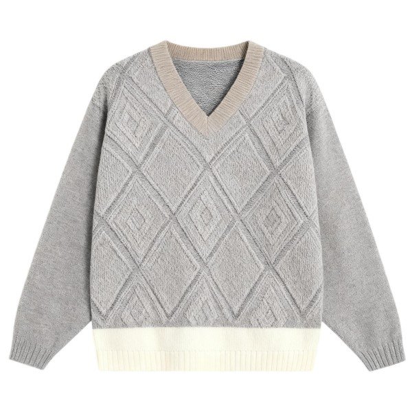 Grey Argyle V-Neck Knit Sweater