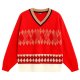 Bright Red Argyle Stripe V-Neck Sweater