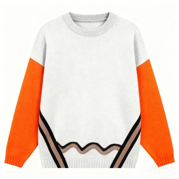 White Crew Neck Sweater with Orange Sleeves and Wave Pattern