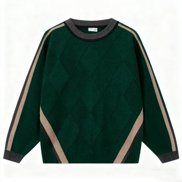 Dark Green Argyle Knit Sweater with Contrast Stripes