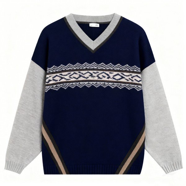 Navy V-Neck Sweater with Ethnic Pattern Detail