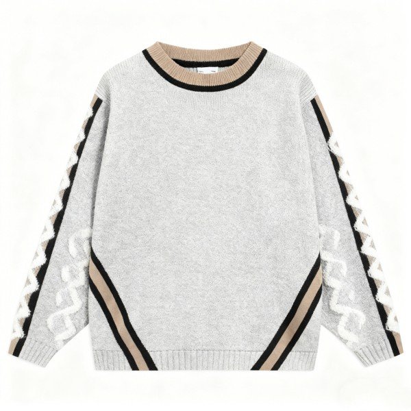 Gray Textured Knit Sweater with Patterned Sleeves