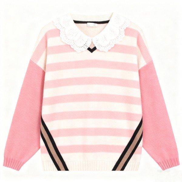 Pink Striped Sweater with Lace Collar