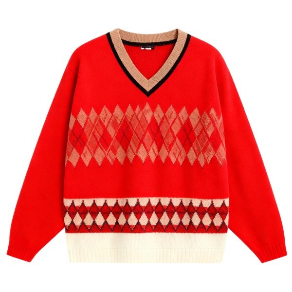 Bright Red Argyle Stripe V-Neck Sweater