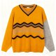 Mustard Yellow V-Neck Sweater with Wave Stripes