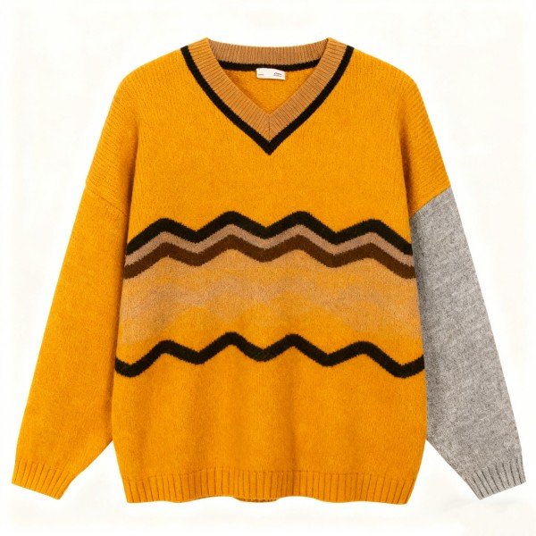 Mustard Yellow V-Neck Sweater with Wave Stripes