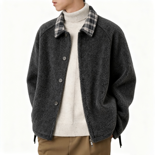 Grey Sherpa Jacket with Plaid Collar