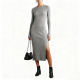 Grey Ribbed Knit Side-Slit Midi Dress