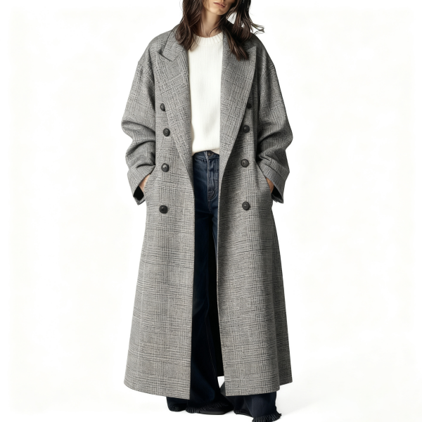 Grey Plaid Double-Breasted Oversized Coat