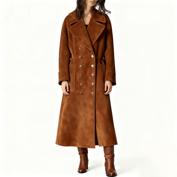 Brown Suede Double-Breasted Long Coat