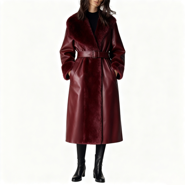 Burgundy Leather & Faux Fur Trim Coat