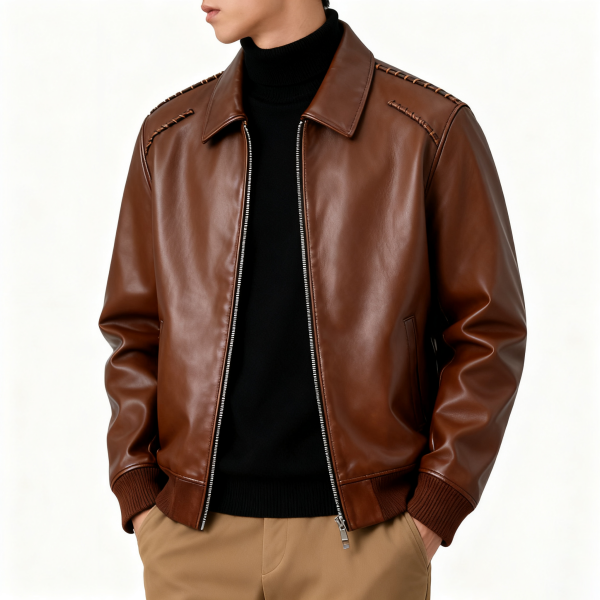 Brown Leather Jacket with Stitched Shoulder Detail