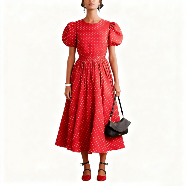 Red Polka Dot Puff-Sleeve Midi Dress