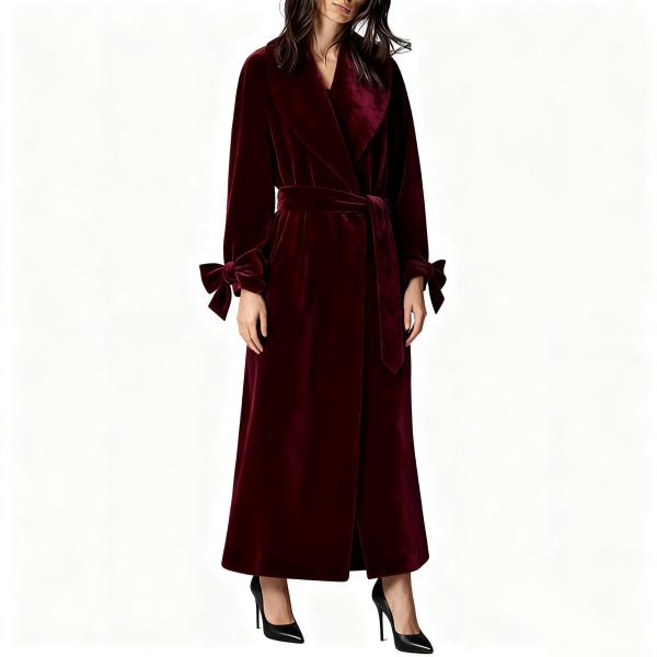 Burgundy Velvet Tie-Cuff Robe Coat