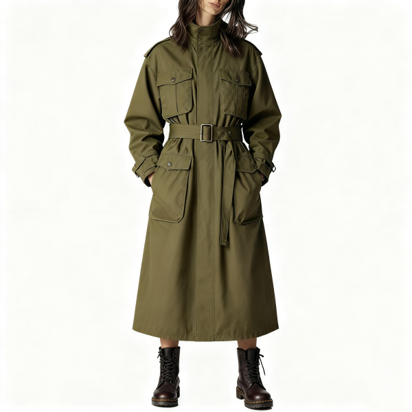 Olive Utility Cargo Trench Coat