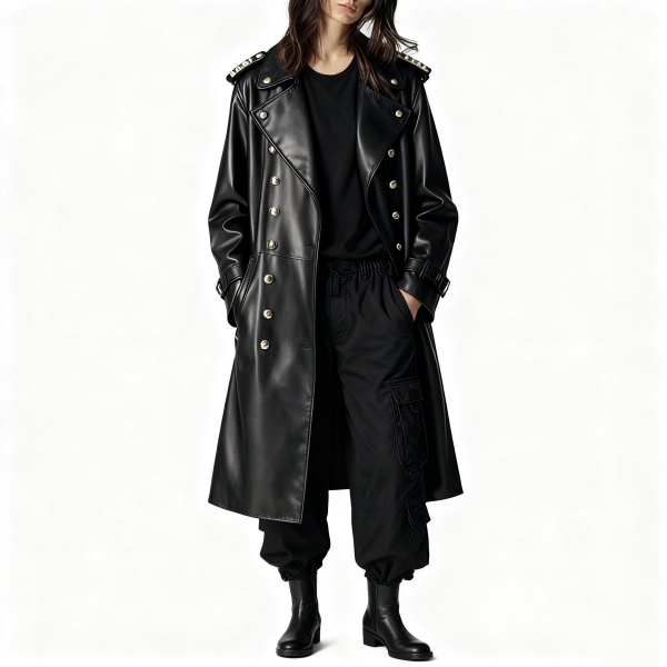 Black Faux Leather Military-Style Trench Coat