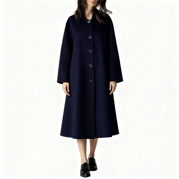 Navy Single-Breasted Flared Wool Coat