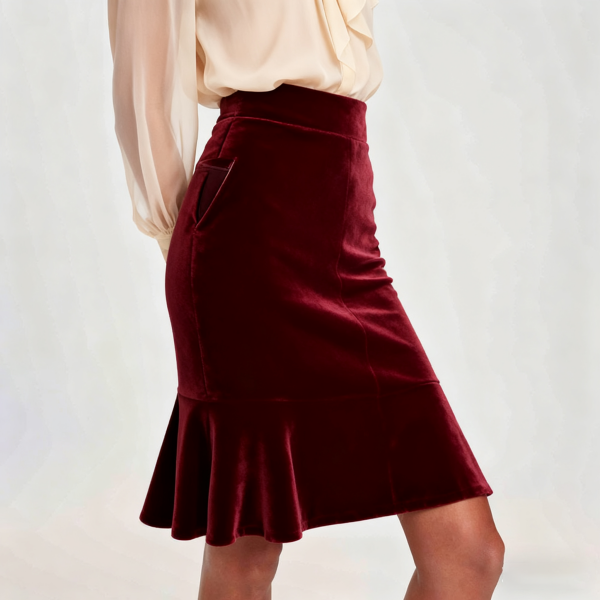 Burgundy Velvet Ruffled Hem Pencil Skirt