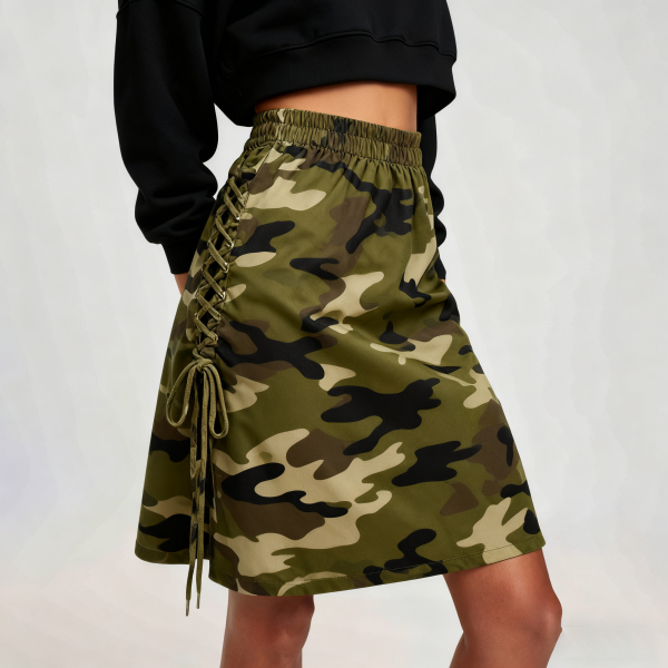 Camouflage Print Lace-Up Waist Skirt
