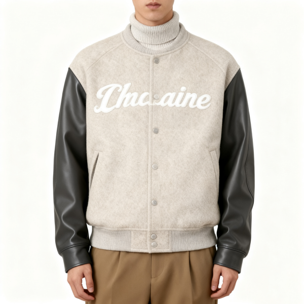 Beige Wool-Blend Varsity Jacket with Leather Sleeves