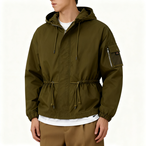 Olive Drawstring Waist Hooded Jacket