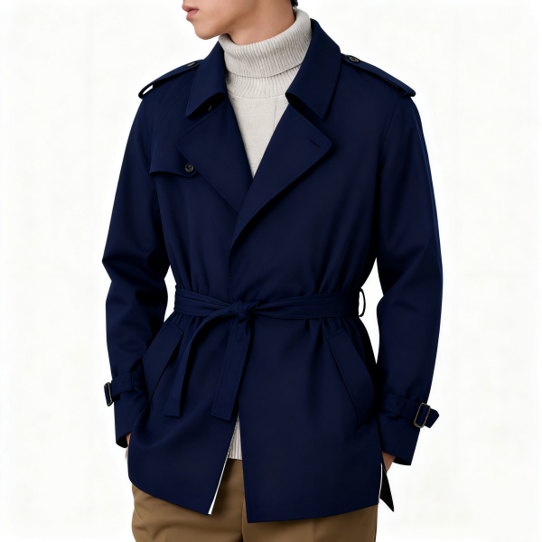 Navy Trench Coat with Self-Tie Belt