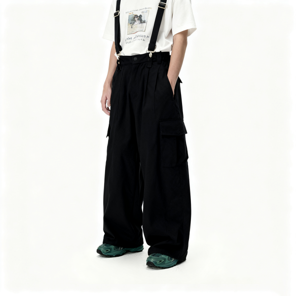 Black Suspender Cargo Wide-Leg Pants