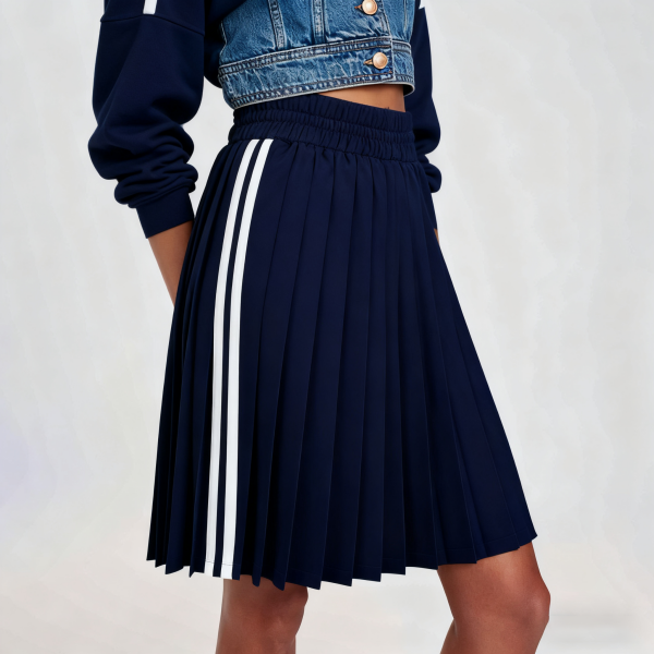Navy Pleated Striped Side Skirt