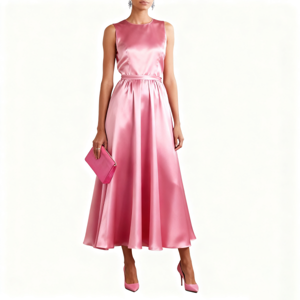 Pink Satin Sleeveless Midi Dress