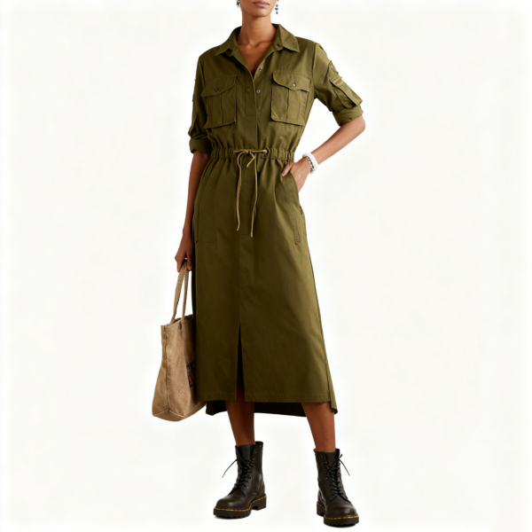 Olive Utility Cargo Shirt Dress