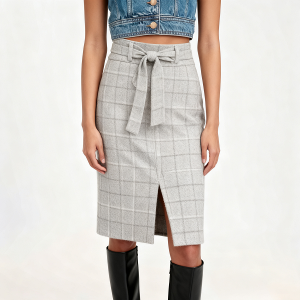 Grey Plaid Self-Tie Waist Pencil Skirt