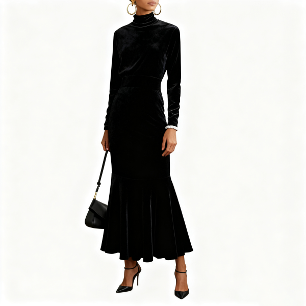 Black Velvet Turtleneck Mermaid Dress
