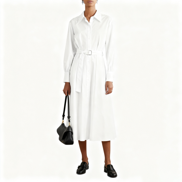 White Oversized Belted Shirt Dress
